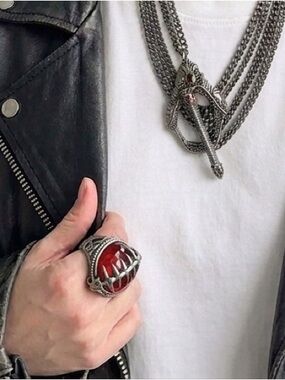 Stephen Webster Sterling Silver Garnet Fish Skeleton Skull Ring - Size 7